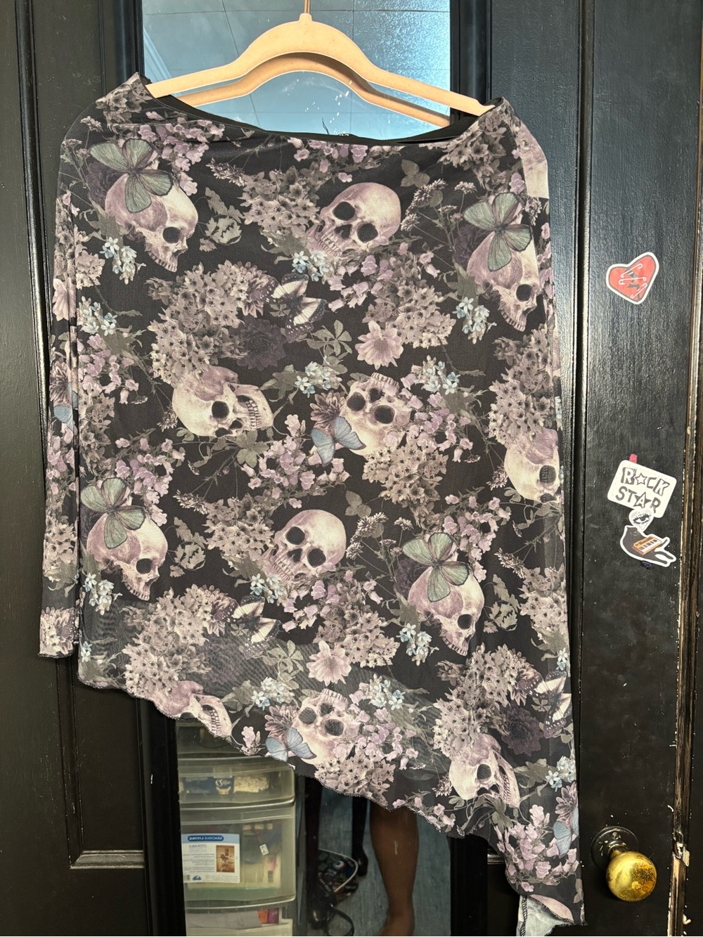 Asymmetrical Black Floral & Skull Skirt with Pink and Green Accents